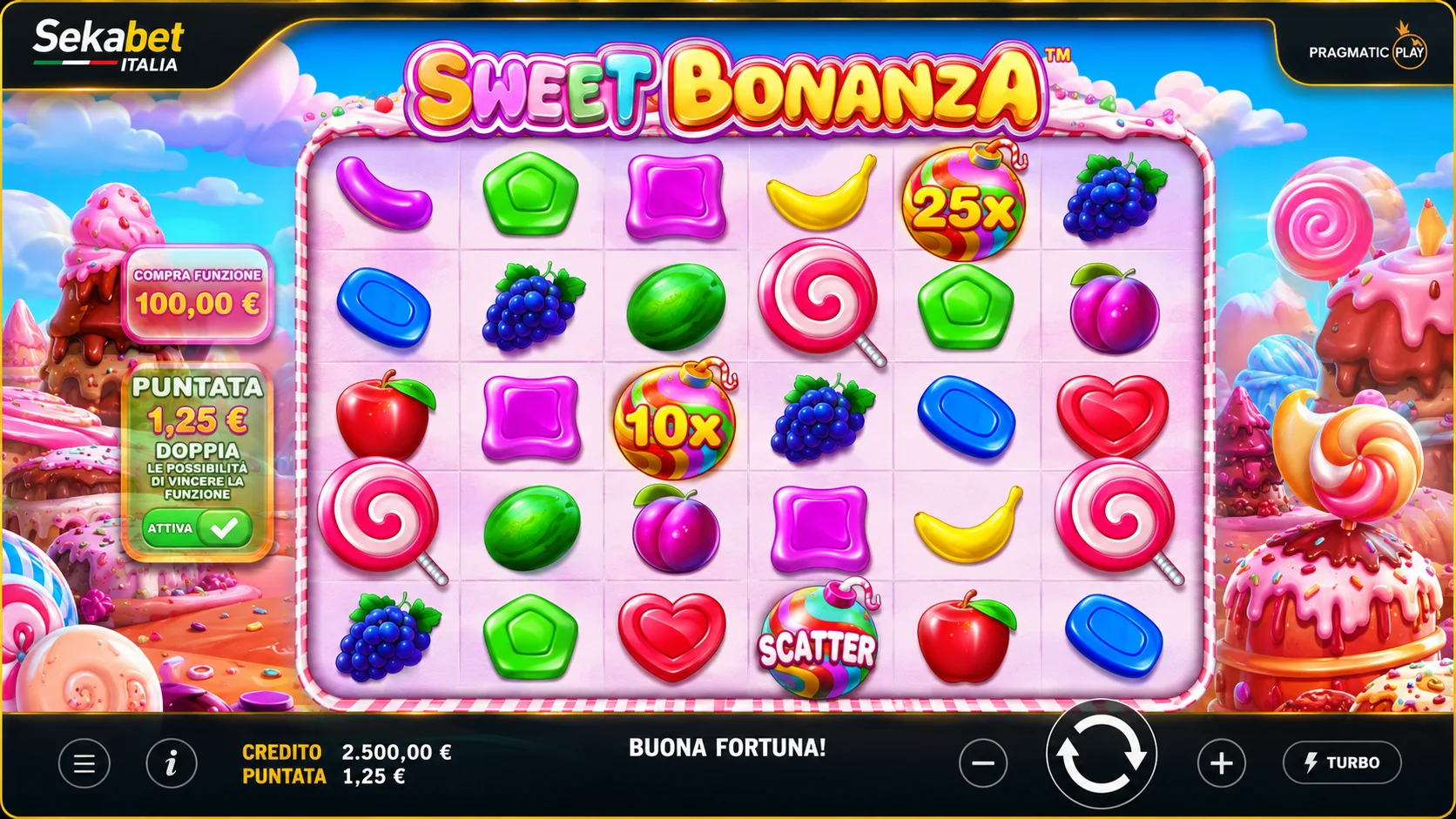 Sweet Bonanza — slot cluster pay di Pragmatic con scatter caramelle e moltiplicatori 100x