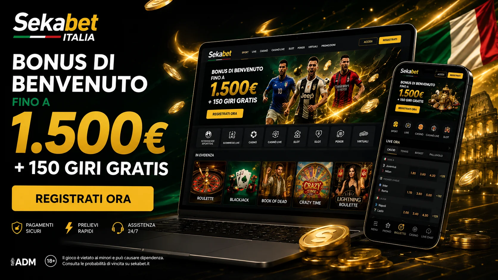 Bonus benvenuto Sekabet 1500 euro 150 free spin Italia